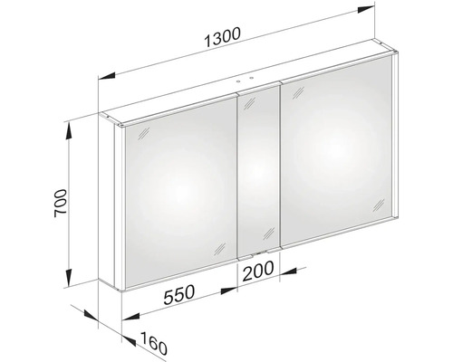 Technický nákres zrcadlové skříňky s rozměry