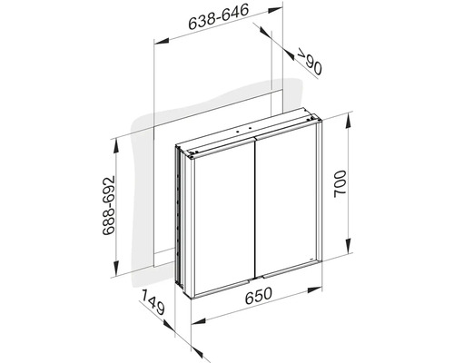 Technický výkres zrcadlové skříňky s rozměry