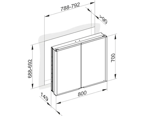 Technický výkres zrcadlové skříňky s rozměry