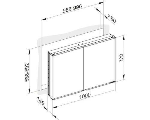 Technický výkres zrcadlové skříňky s rozměry