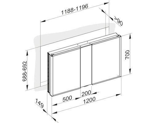 Technický nákres zrcadlové skříňky s rozměry