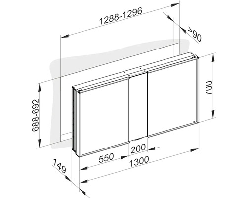 Technický výkres sprchové stěny s rozměry.