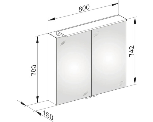 Technický nákres zrcadlové skříňky s rozměry.