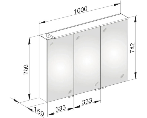 Technický nákres zrcadlové skříňky s rozměry.
