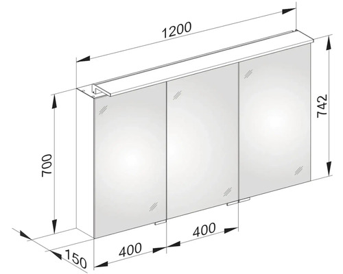 Technický nákres zrcadlové skříňky o rozměrech 1200 x 742 x 150 mm.