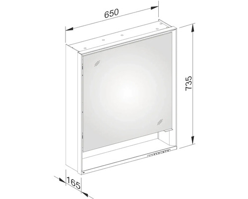 Technický výkres zrcadlové skříňky s rozměry.