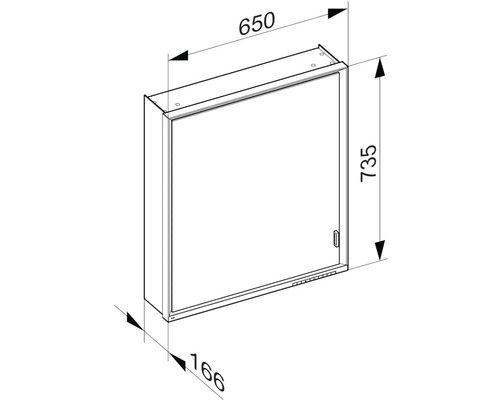 Technický výkres zrcadlové skříňky o rozměrech 650 x 735 x 166 mm.