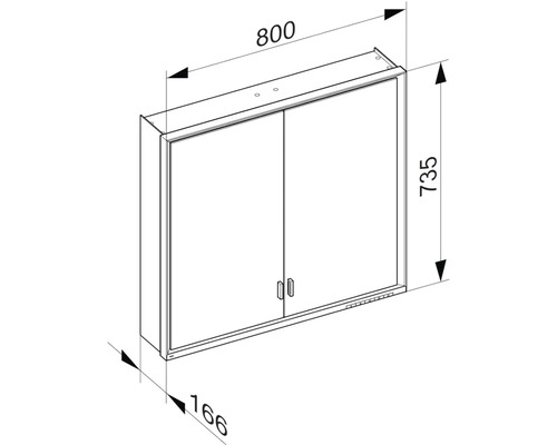 Technický nákres zrcadlové skříňky o rozměrech 800 x 735 x 166 mm.