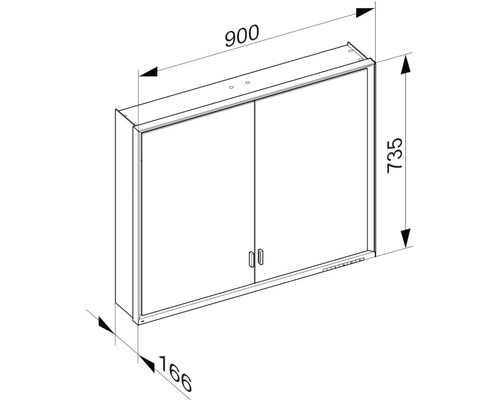 Technický nákres zrcadlové skříňky o rozměrech 900 x 735 x 166 milimetrů.