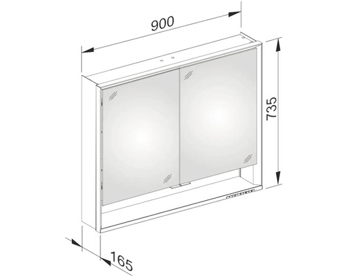 Technický výkres zrcadlové skříňky o rozměrech 900 x 735 x 165 milimetrů.