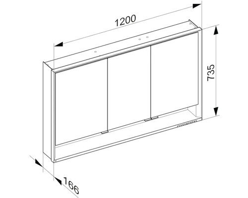 Nákres zrcadlové skříňky o rozměrech 1200 x 735 x 166 milimetrů.