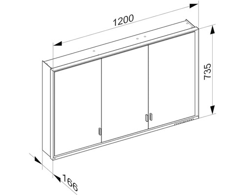 Technický nákres zrcadlové skříňky o rozměrech 1200 x 735 x 166 mm