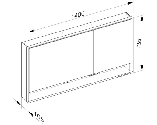 Technický výkres zrcadlové skříňky s rozměry.