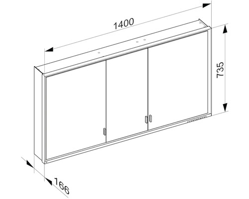 Technický nákres zrcadlové skříňky se třemi dvířky a rozměry.