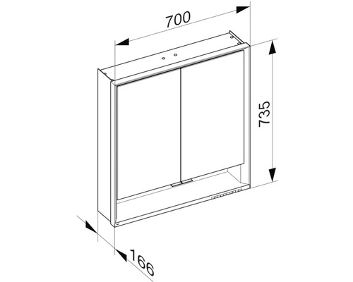 Obrázek zrcadlové skříňky do koupelny s rozměry.