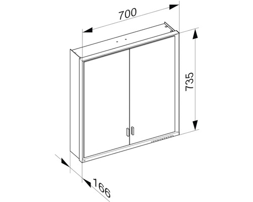 Technický nákres zrcadlové skříňky s uvedením šířky 700 milimetrů, výšky 735 milimetrů a hloubky 166 milimetrů