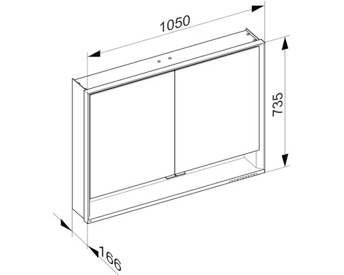 Technický nákres zrcadlové skříňky s rozměry.