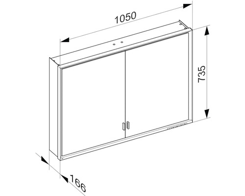 Technický nákres zrcadlové skříňky o rozměrech 1050x735x166 mm.