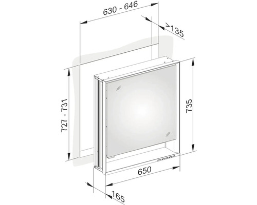 Technický výkres zrcadlové skříňky s rozměry