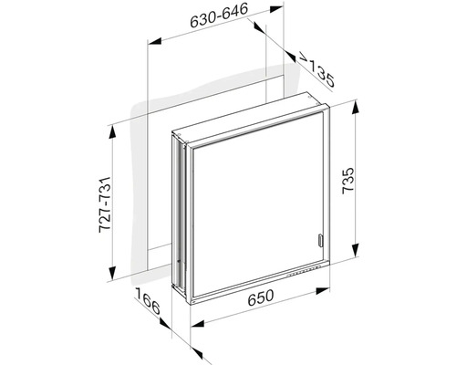 Technický nákres zrcadlové skříňky s rozměry.