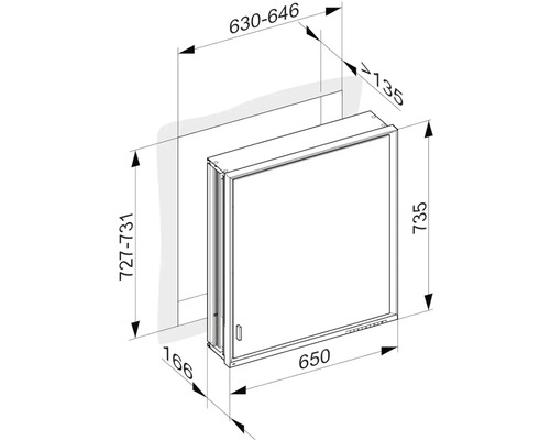 Technický nákres zrcadlové skříňky s rozměry