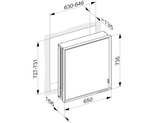 Technický výkres zrcadlové skříňky s rozměry