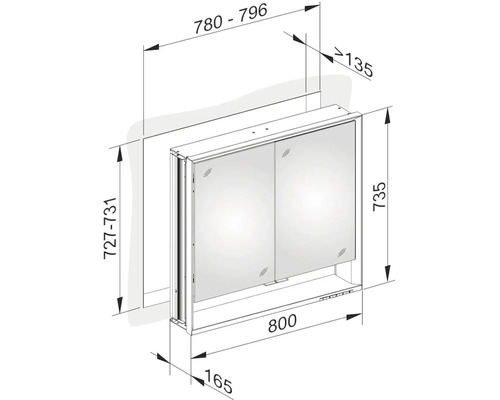 Technický výkres zrcadlové skříňky s rozměry