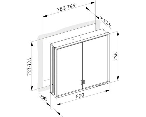 Technický nákres zrcadlové skříňky s rozměry