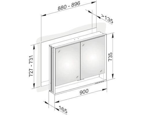 Technický nákres zrcadlové skříňky s rozměry.