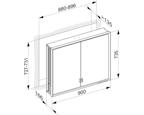Technický výkres zrcadlové skříňky s rozměry.