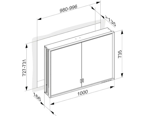 Rozměrový výkres zrcadlové skříňky se dvěma dvířky a různými rozměry.