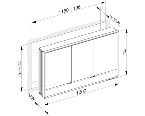 Technický nákres zrcadlové skříňky s rozměry