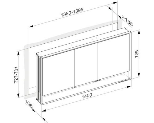 Technický nákres zrcadlové skříňky s rozměry