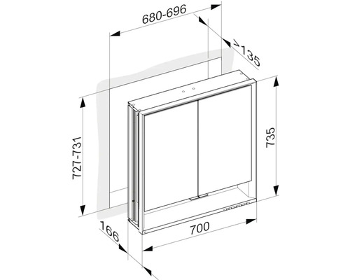 Technický nákres zrcadlové skříňky s rozměry