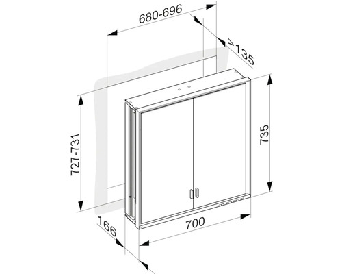 Rozměrový výkres zrcadlové skříňky s údaji o šířce, výšce a hloubce
