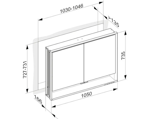 Technický nákres zrcadlové skříňky s rozměry