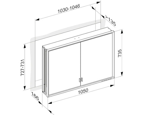 Technický výkres zrcadlové skříňky s rozměry.