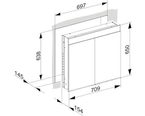 Technický nákres koupelnové skříňky s rozměry