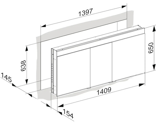 Technický výkres zrcadlové skříňky s rozměry