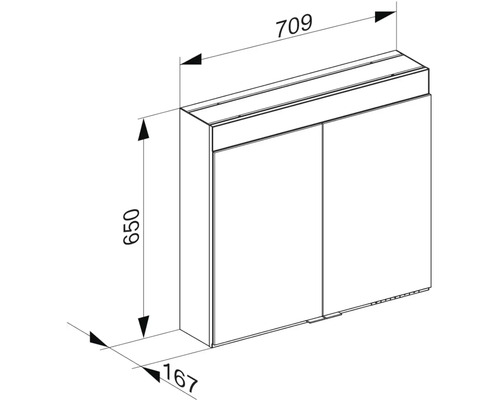 Nákres zrcadlové skříňky do koupelny o rozměrech 709, 650 a 167 milimetrů.