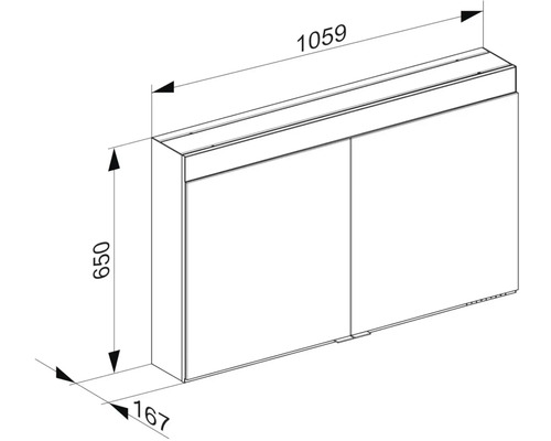 Technický nákres závěsné skříňky o rozměrech 1059 x 650 x 167 milimetrů.