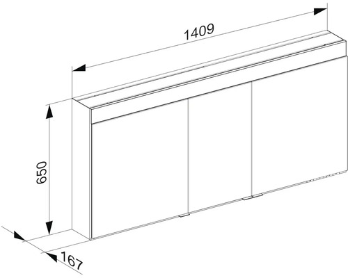 Technický nákres skříňky pod umyvadlo s rozměry 1409, 650 a 167.