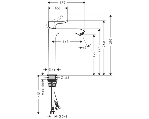 Technický nákres umyvadlové baterie s rozměry