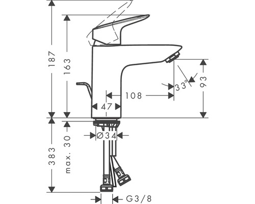 Technický nákres vodovodní baterie s rozměry