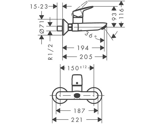 Technický nákres armatury s rozměry