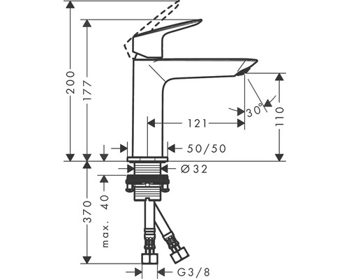Technický nákres umyvadlové baterie s rozměry