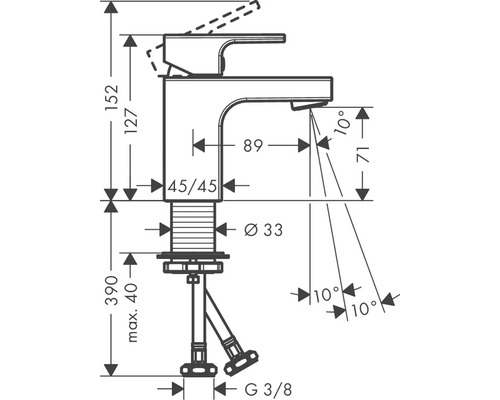 Technický nákres vodovodní baterie s rozměry