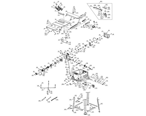 Rozkreslený nákres stolní pily, znázorňující uspořádání a vztahy jednotlivých komponent.