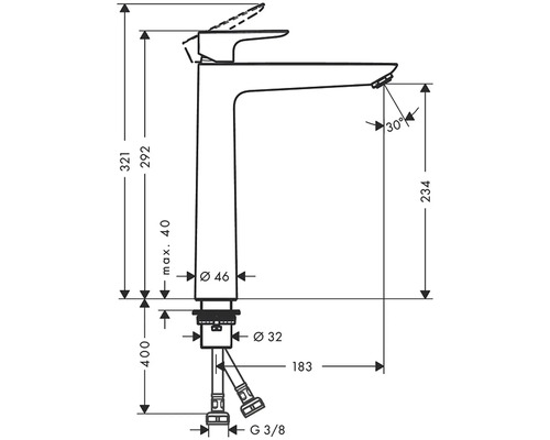 Technický výkres vodovodní baterie s rozměry