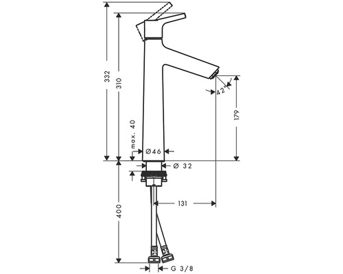 Technický výkres vodovodní baterie s rozměry